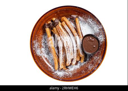 Churros di tapas spagnole con salsa di zucchero e cioccolato. Isolamento di alta qualità, sfondo bianco. Foto Stock
