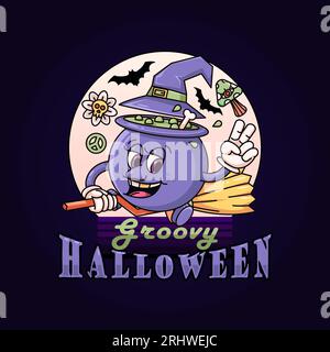 Groovy Halloween. Calderone di cartoni animati retrò con scopa che vola tranquillamente. Perfetto per loghi, t-shirt, adesivi e poster Illustrazione Vettoriale