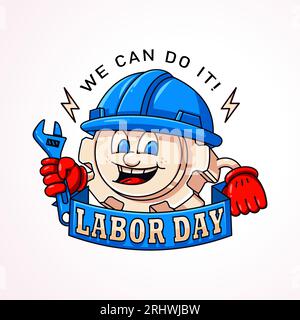 Festa del lavoro. Mascotte GER Machine che tiene una chiave. Perfetto per loghi, t-shirt, adesivi e poster Illustrazione Vettoriale