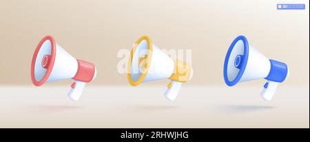 set di altoparlanti megafono 3d con simbolo di icone multicolore. altoparlante bullhorn per annuncio promozione sconto, vendita a prezzi ridotti. iso vettoriale 3D. Illustrazione Vettoriale