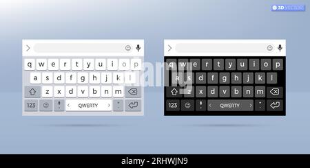 Simbolo dell'icona della tastiera dello smartphone QWERTY. Tastiera in modalità luce. tastiera con schermo nero con tasti alfabetici qwerty in inglese per informazioni sul dispositivo. Vettore 3D. Illustrazione Vettoriale