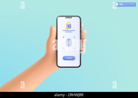 simbolo icona di sicurezza informatica per la scansione delle impronte digitali con maniglia 3d. identità di riconoscimento, concetto di sicurezza dell'autorizzazione biometrica. Isol vettoriale 3D. Illustrazione Vettoriale