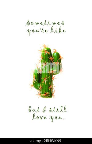 Cactus in un vaso di fiori con un'iscrizione ispiratrice isolata su uno sfondo bianco. A volte sei come un cactus, ma ti amo ancora. Foto Stock