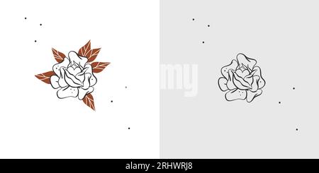 Disegno vettoriale astratto disegno grafico a mano collezione di illustrazioni con elementi logo di foglie decorative nere e fiori di rose Illustrazione Vettoriale