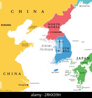 Regione della penisola coreana, mappa politica colorata. Regione peninsulare Corea in Asia orientale, divisa tra Corea del Nord e Corea del Sud. Foto Stock