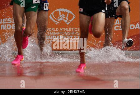 Budapest, Ungheria. 19 agosto 2023. Atletica leggera: Campionato del mondo, 3000 m steeplechase, uomini, riscaldamento preliminare, presso il National Athletics Center. Gli atleti saltano sopra il fosso dell'acqua. Credito: Marcus Brandt/dpa/Alamy Live News Foto Stock