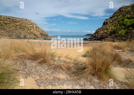 Il sistema di dune e le scogliere della spiaggia di Mongofre sulla costa settentrionale di tramuntana di Minorca in spagna Foto Stock