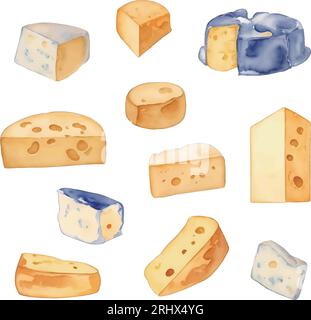 Collezione di formaggi. Isolato su sfondo bianco. Illustrazione a mano dell'acquerello. Illustrazione Vettoriale
