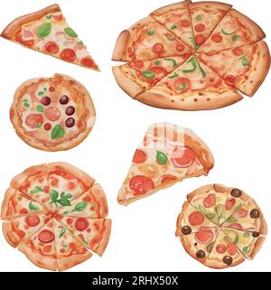 Set di pizza. Illustrazione ad acquerello disegnata a mano isolata su uno sfondo bianco. Illustrazione Vettoriale