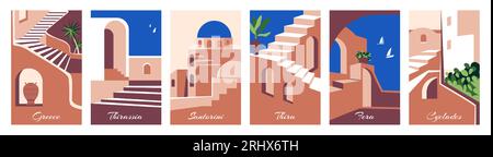 Collezione di modelli in Grecia. Paesaggio italiano, hotel o casa in Marocco, villaggio del Messico con piante e mare, biglietti di viaggio, poster per le vacanze. Arco tradizionale Illustrazione Vettoriale