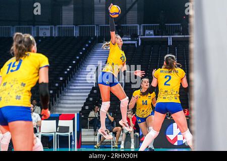 Gent, Belgio. 18 agosto 2023. Kodola Nadiia (29) dell'Ucraina nella foto di una partita di pallavolo tra le squadre nazionali femminili di Serbia e Ucraina durante la seconda partita del CEV Euro Volley Championship nel pool A, sabato 18 agosto 2023 a Gent, BELGIO . Credito: Sportpix/Alamy Live News Foto Stock