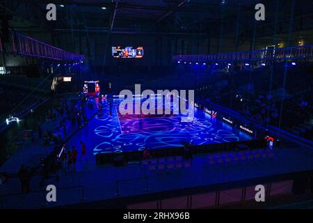 Gent, Belgio. 18 agosto 2023. Topsporthal Gent nella foto prima di una partita di pallavolo tra le nazionali donne di Serbia e Ucraina durante la seconda partita del CEV Euro Volley Championship nella piscina A, sabato 18 agosto 2023 a Gent, BELGIO . Credito: Sportpix/Alamy Live News Foto Stock