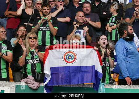 Tifoso del Brighton con bandiera del Paraguay durante la partita di Premier League tra Wolverhampton Wanderers e Brighton e Hove Albion a Molineux, Wolverhampton sabato 19 agosto 2023. (Foto: Gustavo Pantano | mi News) crediti: MI News & Sport /Alamy Live News Foto Stock