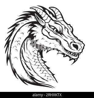 Logo del volto mistico del drago disegnato in stile doodle Illustrazione Vettoriale