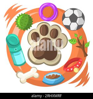 Stampa zampa cane con vari oggetti per animali domestici a tema cane Illustrazione Vettoriale