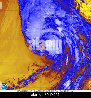 Oceano Pacifico. 19 agosto 2023. L'uragano Hilary è un ciclone tropicale attivo nell'Oceano Pacifico orientale che sta attualmente minacciando la penisola della bassa California e gli Stati Uniti sudoccidentali di inondazioni catastrofiche. Hilary è l'ottavo uragano chiamato tempesta, sesto uragano e quarto uragano maggiore della stagione degli uragani del Pacifico 2023. Credito: NOAA/ZUMA Wire/ZUMAPRESS.com/Alamy Live News Foto Stock