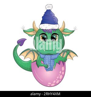 Carino drago verde dei cartoni animati in babbo natale. capodanno 2024, calendario cinese. Regali, giocattolo dell'albero di Natale, candelabro, una tazza con un'iscrizione, un Capodanno Illustrazione Vettoriale