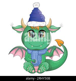 Carino drago verde dei cartoni animati in babbo natale. capodanno 2024, calendario cinese. Regali, giocattolo dell'albero di Natale, candelabro, una tazza con un'iscrizione, un Capodanno Illustrazione Vettoriale