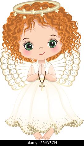 Vector cute Girl Angel Holding Cross, pregando Illustrazione Vettoriale