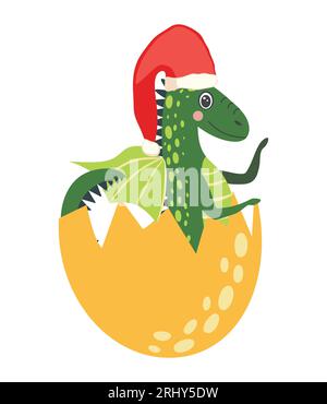 Grazioso drago di natale verde nel cappello di babbo natale. Year of the Dragon 2024, calendario cinese. Illustrazione Vettoriale