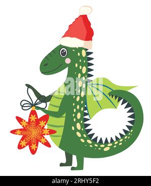 Grazioso drago di natale verde nel cappello di babbo natale. Year of the Dragon 2024, calendario cinese. Illustrazione Vettoriale