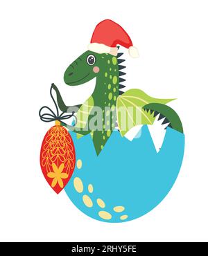 Grazioso drago di natale verde nel cappello di babbo natale. Year of the Dragon 2024, calendario cinese. Illustrazione Vettoriale