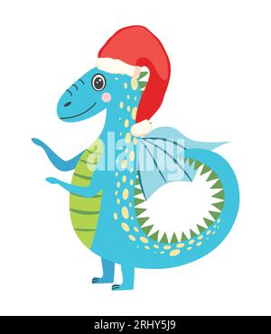 Carino drago natalizio nel cappello di babbo natale. Year of the Dragon 2024, calendario cinese. Illustrazione Vettoriale