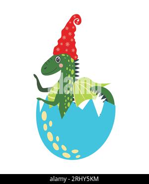 Grazioso drago di natale verde nel cappello di babbo natale. Year of the Dragon 2024, calendario cinese. Illustrazione Vettoriale