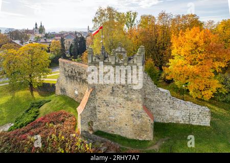 Rovine del castello medievale nella città di Nowy Sacz in autunno, Polonia Foto Stock