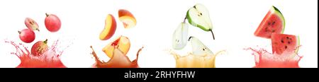 Set con uva, pesca, pera, succhi di anguria e frutta fresca isolata su bianco Foto Stock