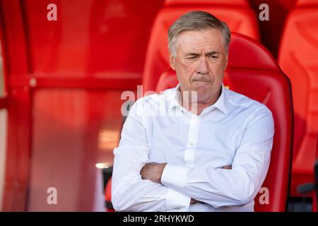 Almeria, Spagna. 19 agosto 2023. Carlo Ancelotti visto durante la partita di LaLiga EA Sports 2023/2024 tra UD Almeria e Real Madrid al Power Horse Stadium.Punteggio finale: UD Almeria 1:3 Real Madrid Credit: SOPA Images Limited/Alamy Live News Foto Stock