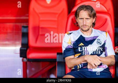 Almeria, Spagna. 19 agosto 2023. Luka Modric visto durante la partita LaLiga EA Sports 2023/2024 tra UD Almeria e Real Madrid al Power Horse Stadium.Punteggio finale: UD Almeria 1:3 Real Madrid credito: SOPA Images Limited/Alamy Live News Foto Stock