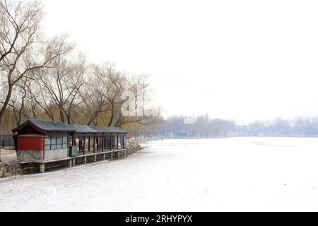 Paesaggio architettonico dopo la neve nel parco delle rovine del vecchio palazzo estivo, Pechino, Cina Foto Stock
