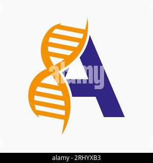 Lettera A DNA Logo Design Concept con icona DNA Cell. Simbolo di assistenza sanitaria Illustrazione Vettoriale