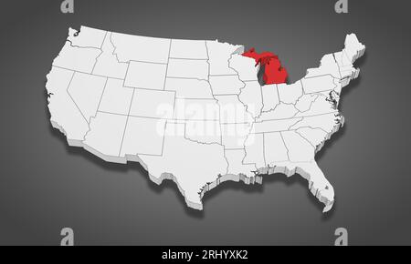 Stato del Michigan evidenziato sulla mappa 3D degli Stati Uniti d'America. Illustrazione 3D. Foto Stock