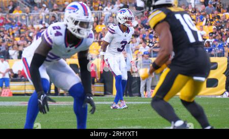 Pittsburgh, Pennsylvania, USA. 19 agosto 2023. Damar Hamlin #3 durante la partita tra Steelers e Bills a Pittsburgh, Pennsylvania. Jason Pohuski/CSM/Alamy Live News Foto Stock