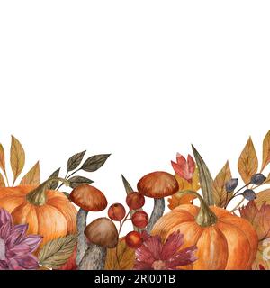 Bordo autunnale con zucca, fiori, foglie di bacche e funghi. Illustrazione floreale isolata rustica dipinta a mano con spazio per il testo Foto Stock