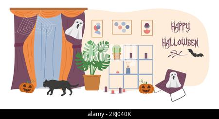 Accogliente soggiorno decorato per le vacanze. Accogliente soggiorno decorato per le vacanze. Zucche di Halloween gatto nero e fantasmi. Progettazione di banner, poster, pagine Web. Illustrazione vettoriale piatta. Illustrazione Vettoriale