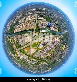 Vista aerea, superstrada A42 svincolo Oberhausen-Buschhausen, canale Reno-Herne, GMVA Niederrhein GmbH, Globe, fisheye shot, scatto a 360 gradi, mondo piccolo, Foto Stock