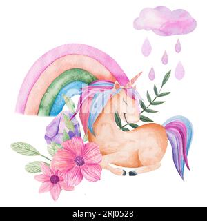 Composizione con unicorno, arcobaleno, fiori e foglie, nuvola con gocce di pioggia. Illustrazione acquerello isolata su bianco. Clipart per le carte dei bambini Foto Stock