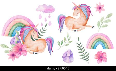 Composizione con unicorno, arcobaleno, fiori e foglie, nuvola con gocce di pioggia. Illustrazione acquerello isolata su bianco. Clipart per le carte dei bambini Foto Stock