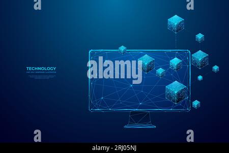 Icona Blockchain isometrica digitale astratta su un monitor di computer. Illustrazione Vettoriale