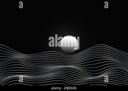 Paesaggio minimalista, montagne lineari argentate, tramonto all'alba. Montagne di sabbia dorata su sfondo scuro, design di lusso Vector per carta da parati, poster Illustrazione Vettoriale