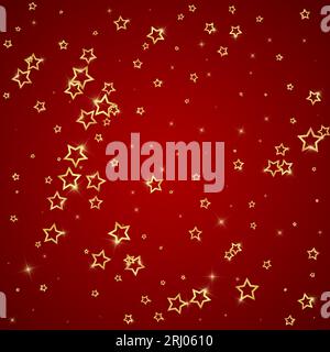 Confetti Gold Sparkling Star. Modello di sovrapposizione infantile da sogno e caotico. Illustrazione vettoriale Festive Stars su sfondo rosso. Illustrazione Vettoriale
