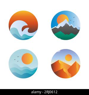 Insieme di diversi paesaggi al tramonto nel deserto del mare in cerchio. Icone piatte rotonde di luoghi diversi e natura montagne, onde, sole, sabbia. Vettore Illustrazione Vettoriale