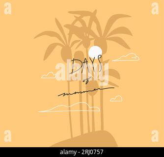 Cartoni animati astratti disegnati a mano, illustrazioni minimalistiche, con una splendida silhouette isolana di palme tropicali Illustrazione Vettoriale