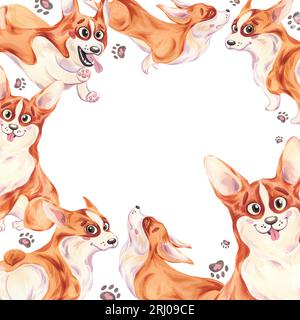 Cornice Corgi. Simpatici cani in diverse pose. Illustrazione acquerello. Medicina veterinaria e medicina per gli animali Foto Stock