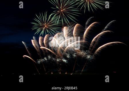 Belvoir Castle, Regno Unito. 19 agosto 2023. La gente guarda lo spettacolo pirotecnico di Flashpoint Fireworks, mentre tre compagnie si sfidano per il titolo Firework Champions, al Belvoir Castle, Leicestershire. Neil Squires/Alamy Live News Foto Stock