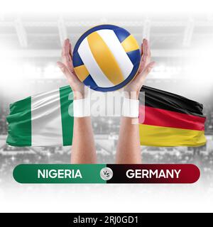 Concetto di competizione per partite di pallavolo e pallavolo con squadre nazionali Nigeria vs Germania. Foto Stock