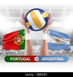 Concetto di gara di pallavolo e pallavolo tra Portogallo e Argentina. Foto Stock